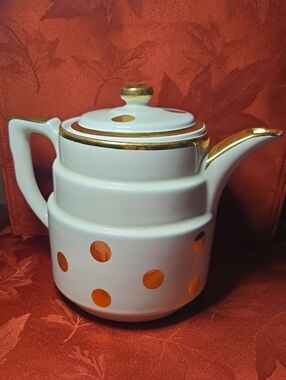 Hall's Kitchenware White Ceramic Teapot with Gold Trim and Polka Dots